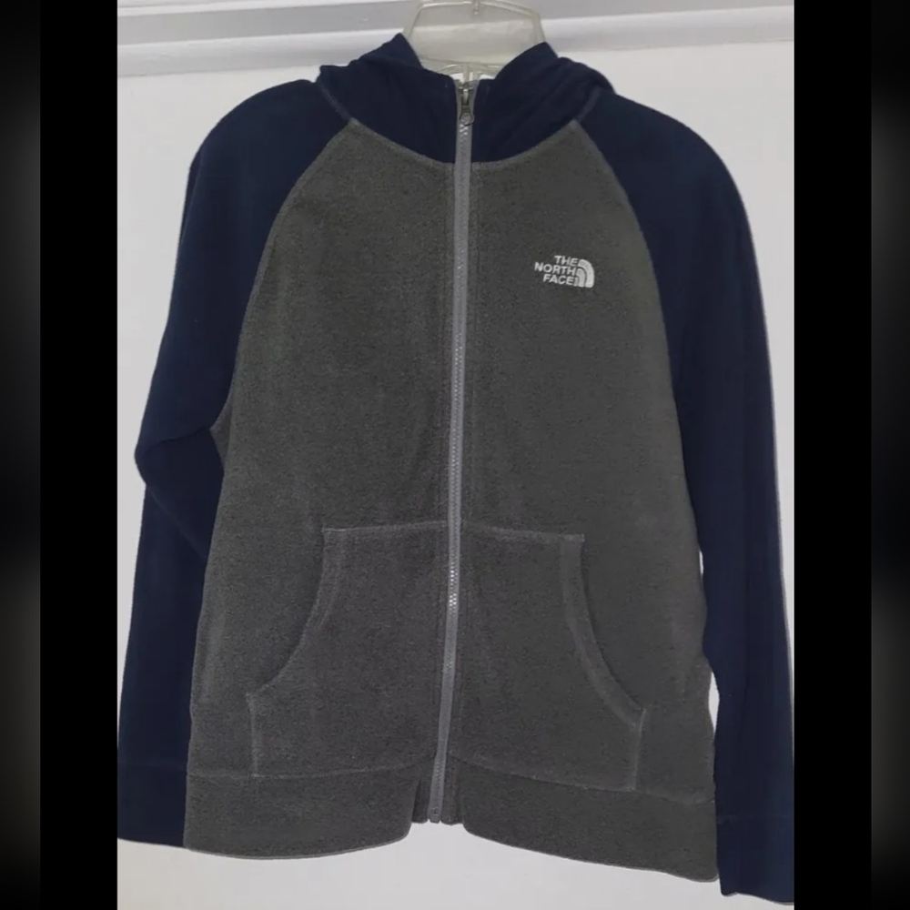 Boys L 14/16 North Face Gray Blue Hooded Zip Fleece Jacket